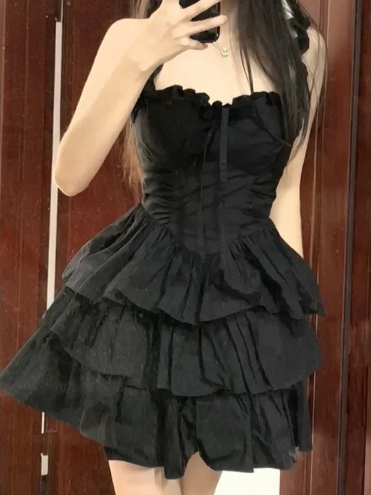 Lolita Kawaii Cute Black Ruffles Dress Y2K