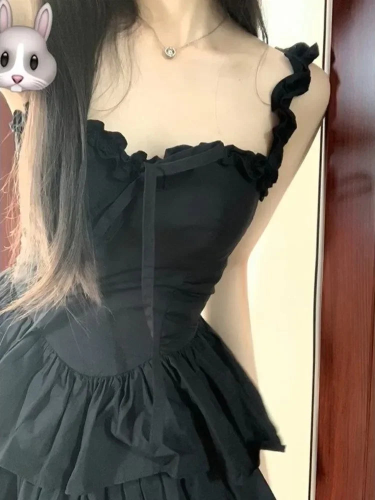 Lolita Kawaii Cute Black Ruffles Dress Y2K